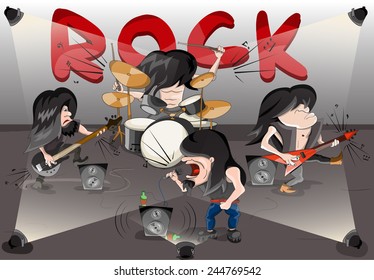 Set of cartoon rock musicians on stage