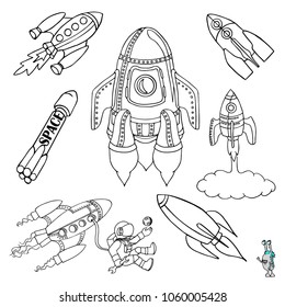 Set of cartoon rockets flying in space. ?stronautics Day. Hand drawn doodle sketch scientific education vector illustration. Rocket elements isolated on white background, vector shapes.