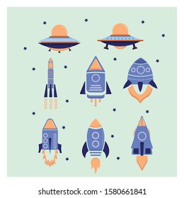 Set of cartoon rockets icon. Space shuttle. UFO