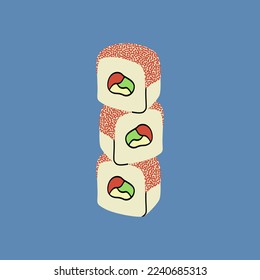 Set of cartoon rolls on colored background, asian food