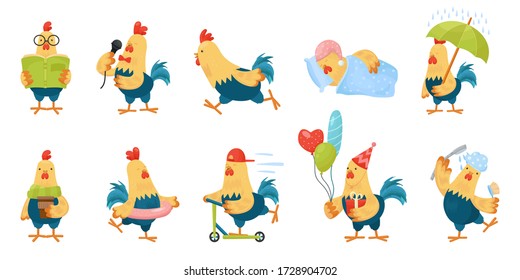 Set of Cartoon Rooster Character in different poses. Funny Happy cock. Vector illustration isolated on white backgrownd