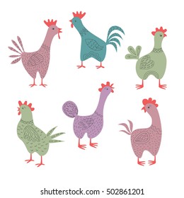 Set of cartoon roosters on the white background.  Symbol of 2017 year. 