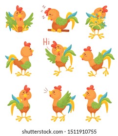 Set of cartoon roosters. Vector illustration on a white background.