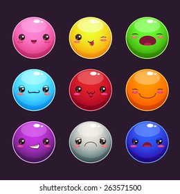 Set of cartoon round characters, different colors and emotions