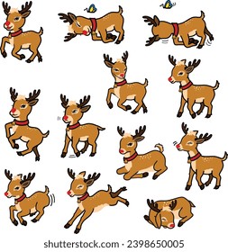 set of cartoon Rudolph 12 act editable stroke  for christmas celebrations and decorations 