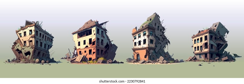 Set cartoon ruined abandoned houses   car  Destroyed city buildings after earthquake war destruction  Damaged town and old broken dilapidated dwelling after explosion natural disaster 