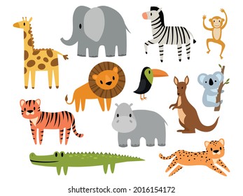 Conjunto de animales de safari de dibujos animados. Colección de lindos animales salvajes. Animales exóticos decorativos. Las mascotas del zoo. Ilustración colorida para los niños.