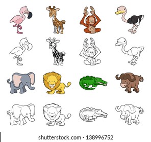 A set of cartoon safari animal illustrations. Color and black an white outline versions.