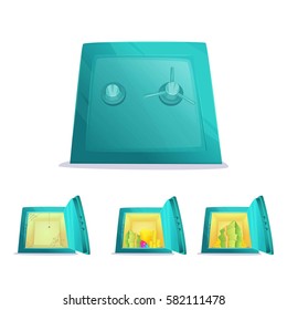 Set of cartoon safe boxes. Opened, closed, full and empty. Vector illustration