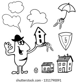 Set of cartoon salesman and hand drawn objects on real estate sales. Comical little man realtor with a house in his hands.. Eps-8