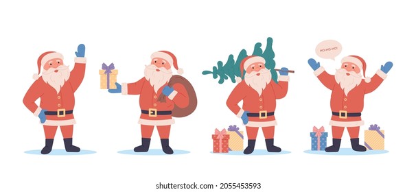 Set of cartoon Santa Claus character. Happy Santa Claus character with gift, bag, Christmas tree, waving hands. For Christmas cards, banners, tags and labels. Flat Santa Claus illustration