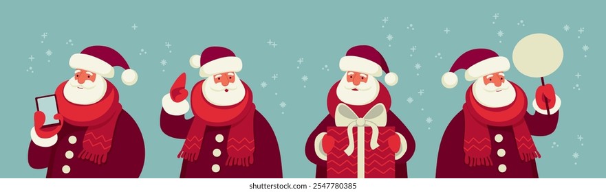 Set of cartoon Santa Claus characters with smartphone, holding Christmas present, Label, pointing and gesturing. Flat vector bundle
