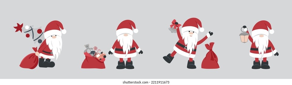 A set of cartoon Santa Claus for Christmas greeting cards and invitations. Vector illustration in doodle style. A design element.