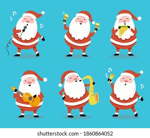 Set of cartoon Santa Claus in different poses with musical instrument for christmas banner, greeting card illustration. Santa character collection.