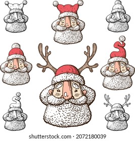 A set of cartoon Santa Claus in different hats. Vector illustration made with ink and pen on paper.