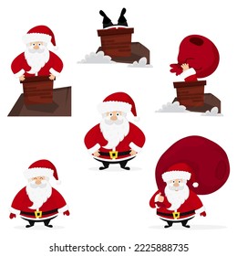 Set of cartoon Santa Claus with different emotions and situations. Santa with bag of gifts, Santa in the chimney. Vector illustration isolated on white background