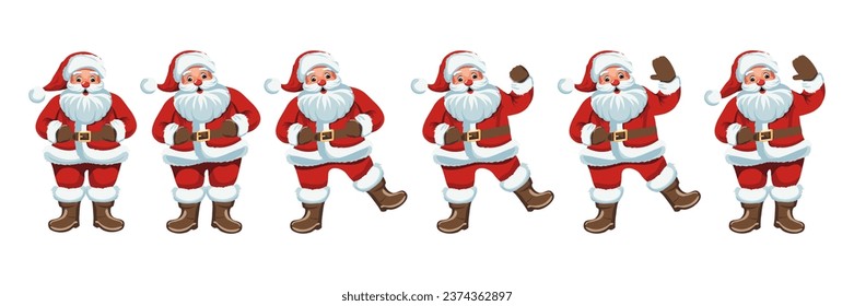 Set of cartoon Santa Claus in different poses. Christmas and New Year character design. Isolated Santa Claus design in flat style. Vector illustration.