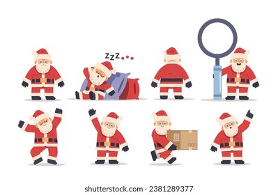 Conjunto de dibujos animados de Santa Claus en diferentes poses sobre el fondo aislado. Carácter vectorial de Navidad plano