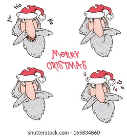 Set of cartoon Santa Claus faces isolated on white background.  Cute elements for your Christmas designs, etc. Merry Christmas lettering. 