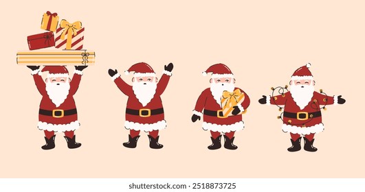 Set of cartoon Santa Claus. Flat vector illustration.