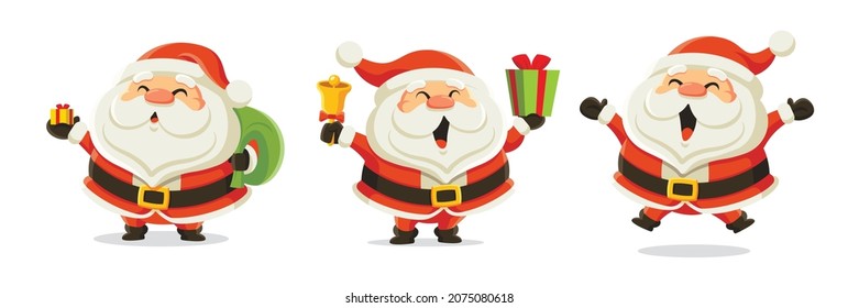 Set of cartoon Santa Claus. Happy Santa carrying Christmas gift bag, holding bell and Christmas present, jumping excitedly with open arm. Funny and cute character Santa Claus for Christmas event