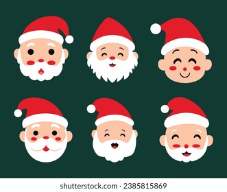 Set of cartoon santa claus heads in flat style isolated green background christmas concept