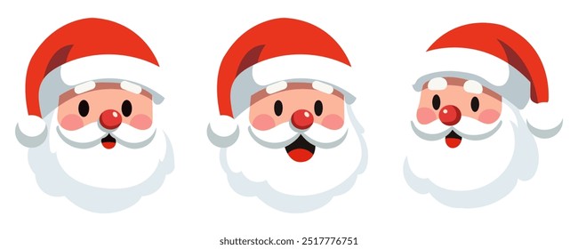 Set of cartoon Santa Claus heads or face in flat style. Vector illustration