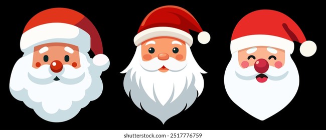 Conjunto de desenhos animados Santa Claus cabeças ou rosto em estilo plano. Ilustração vetorial