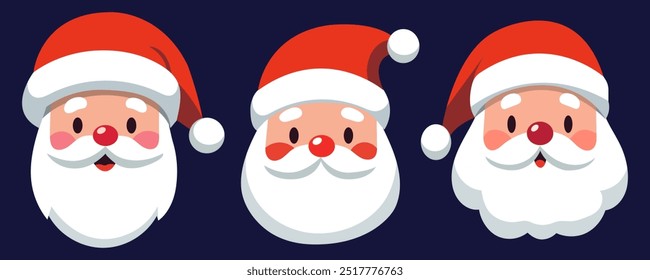 Set of cartoon Santa Claus heads or face in flat style. Vector illustration