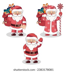 Set of cartoon Santa Claus on white background. Christmas vector illustration.