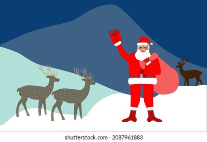 Set of cartoon santa claus reindeer, isolated christmas illustration. Happy with gifts, bag with presents, waving and greeting. For Christmas cards, banners, tags and labels.