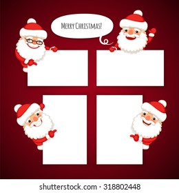Set of Cartoon Santa Clauses Behind a White Empty Sheet
