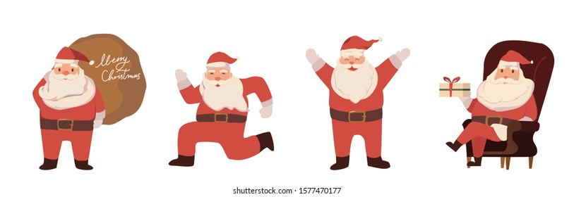 Set  cartoon Santa Club illustrations isolated on white. Funny happy Santa Claus character with gift, bag with presents, For Christmas cards, banners, tags and labels.