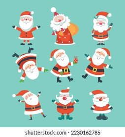 Set of cartoon Santa on blue background. Vector illustration. 