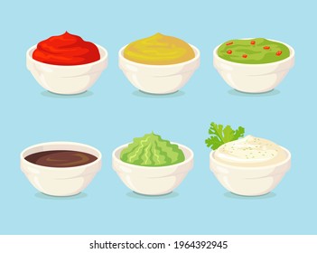 Conjunto de salsas de dibujos animados ilustración vectorial plana. Colección de tazones con colorida mostaza picante, guacamole de ketchup, wasabi, chili, salsas aguacate con fondo azul. Comida, menú, salsa, concepto de cocina