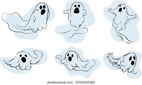 Set of cartoon scary flying ghosts.Creepy ghouls and vampires.Magic scary spirits with different emotions.Scary phantoms banner vector.The main symbols of Halloween.