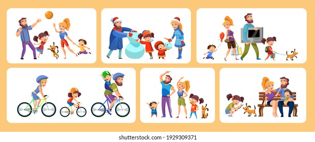 Set of cartoon scenes family active holidays parents with kids in various activity isolated vector illustration
