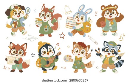 Set of cartoon school animal characters. Cute illustrations for school subject sticker, preschool posters, online classes, educational card 