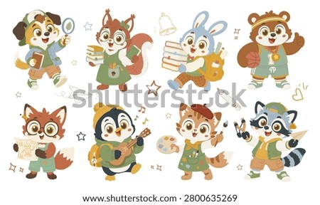 Set of cartoon school animal characters. Cute illustrations for school subject sticker, preschool posters, online classes, educational card 