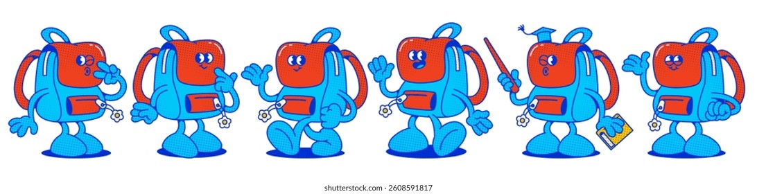 Set of cartoon school backpack characters - walking and waving hands, holding pointer and book. Blue bag mascot with arms, legs and eyes showing various gestures and emotions for education design.