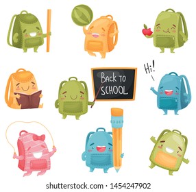 Set of cartoon school bags. Vector illustration on white background.