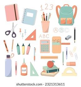 Set of cartoon school items and supplies Vector elements of education. Isolated on white background. Back to school theme
