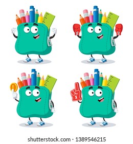 set of cartoon school soft pencil case character mascot on white background