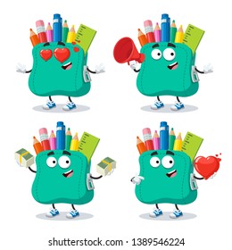 set of cartoon school soft pencil case character mascot on white background