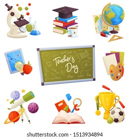 Set of cartoon school supplies. Vector elements of books, ball, tablet, bell, pencils, rocket, planets and other. Set for teacher day and back to school banners, landing page and web illustration