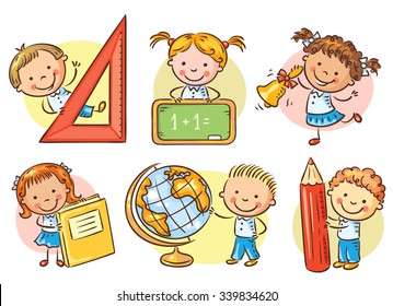 Set of cartoon schoolkids holding different school objects