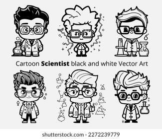 Set Cartoon Scientists Schwarz-Weiß Vektorkunst 