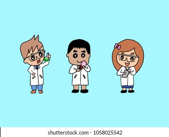 set of cartoon scientist character on blue background