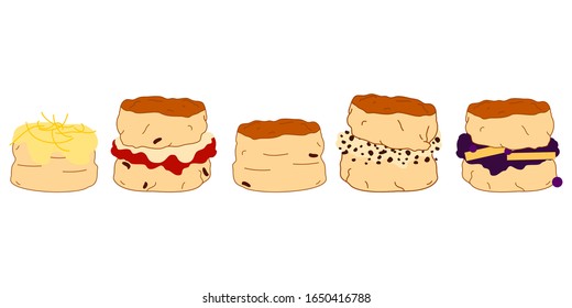 Set of cartoon scones or biscuits in various flavors background and borders with chocolate, cream, jam, blueberry sauce and lemon. Traditional British teacake,  afternoon tea , buttermilk biscuits.