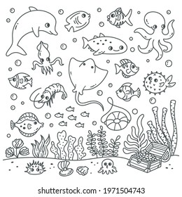 Set of cartoon sea animals in doodle style